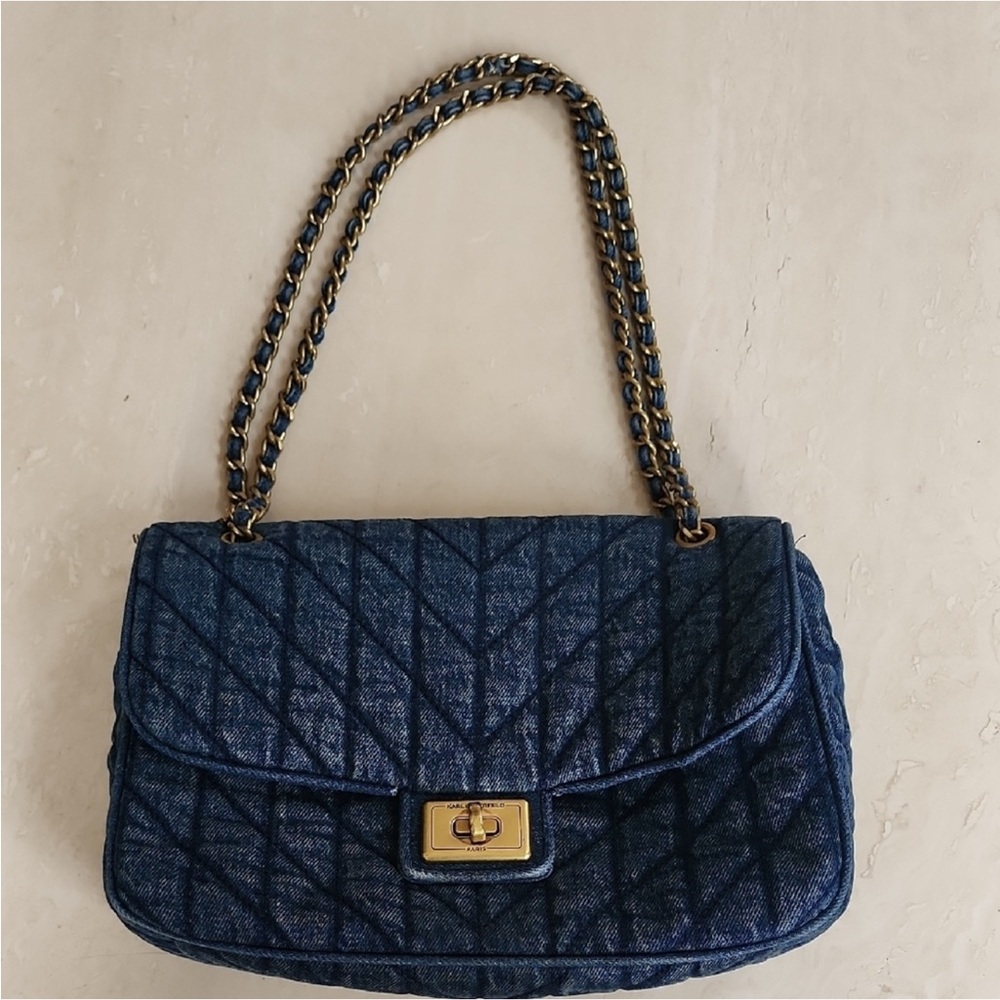 KARL LAGERFELD Denim Quilted Chain Shoulder Bag